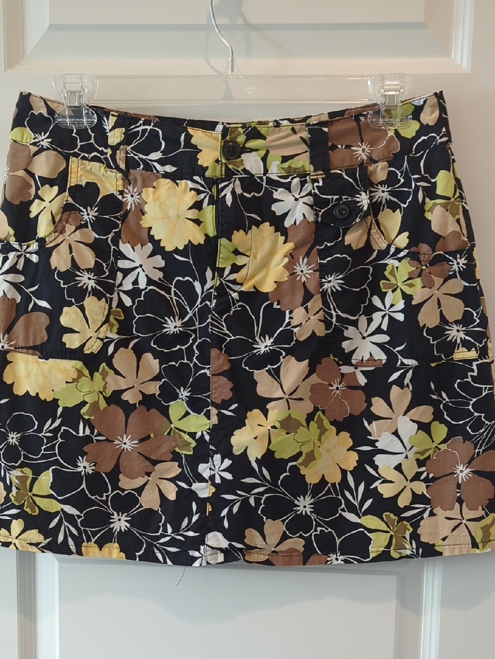 Floral Cotton Blend Mini Skort - Black with Yellow, Brown & Green Floral